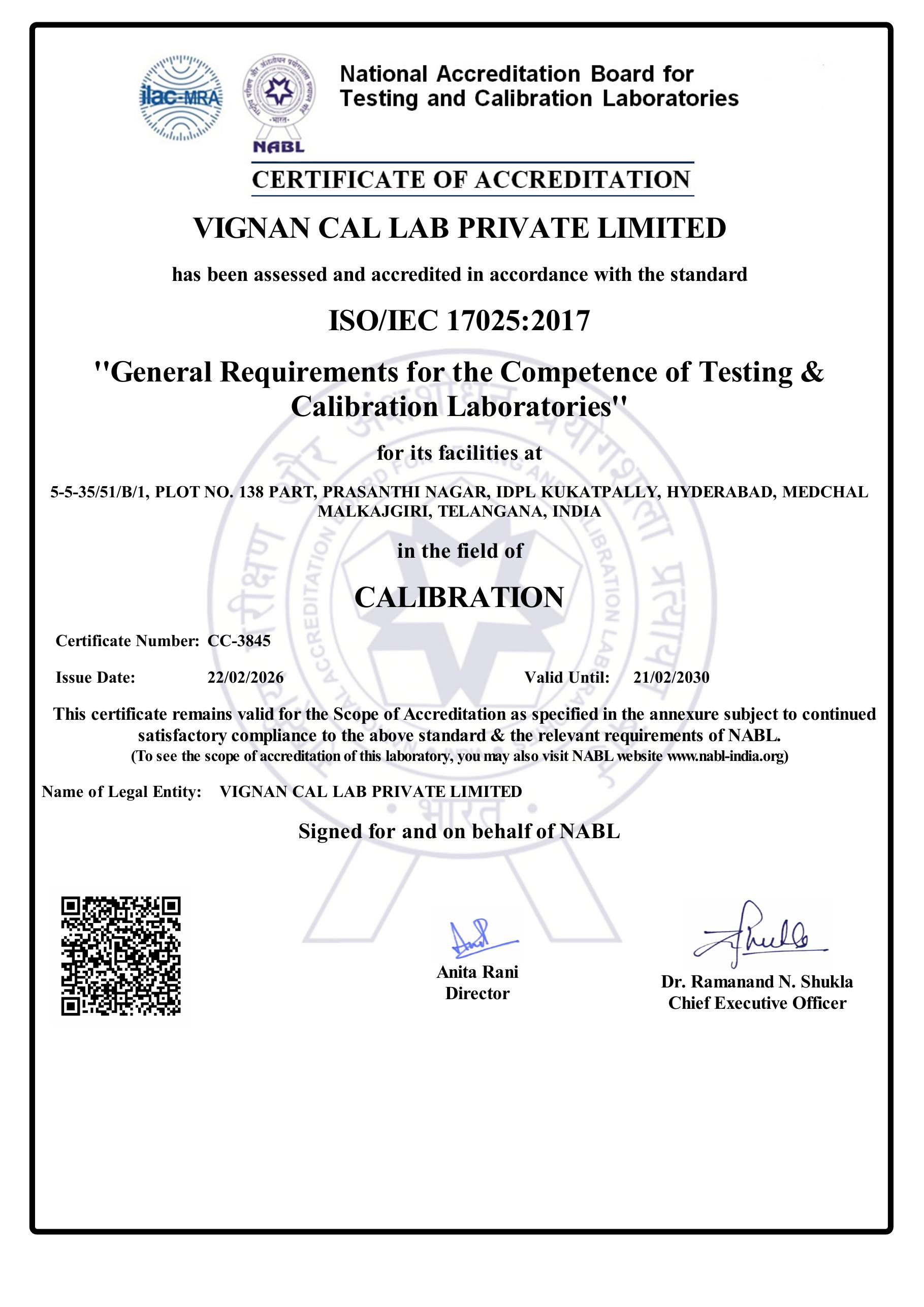 NABL ISO/IEC 17025:2017 Certificate of Accreditation — Vignan Cal Lab Private Limited